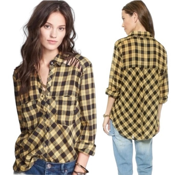 Free People Plaid Flannel Shoulder Detailing Button Up in Yellow/Black - Picture 1 of 10
